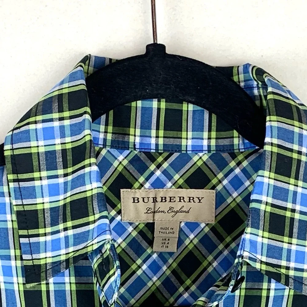 Burberry Saoirse Plaid Long Sleeve Silk Trim Button Shirt Azure Blue - Picture 7 of 16